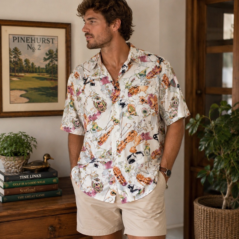 Berek Vintage Golf Novelty Print Oversized Button Down Shirt Large